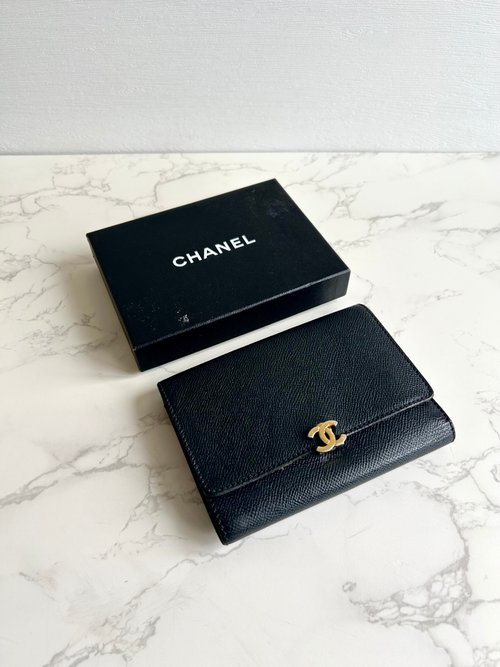 LA LUNE Vintage 日本鑑證古董品選物店 稀有中古二手Chanel黑色皮革金扣中夾 短夾 皮夾 銀包古董包 錢包