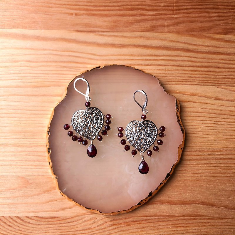Garnet and heart earrings