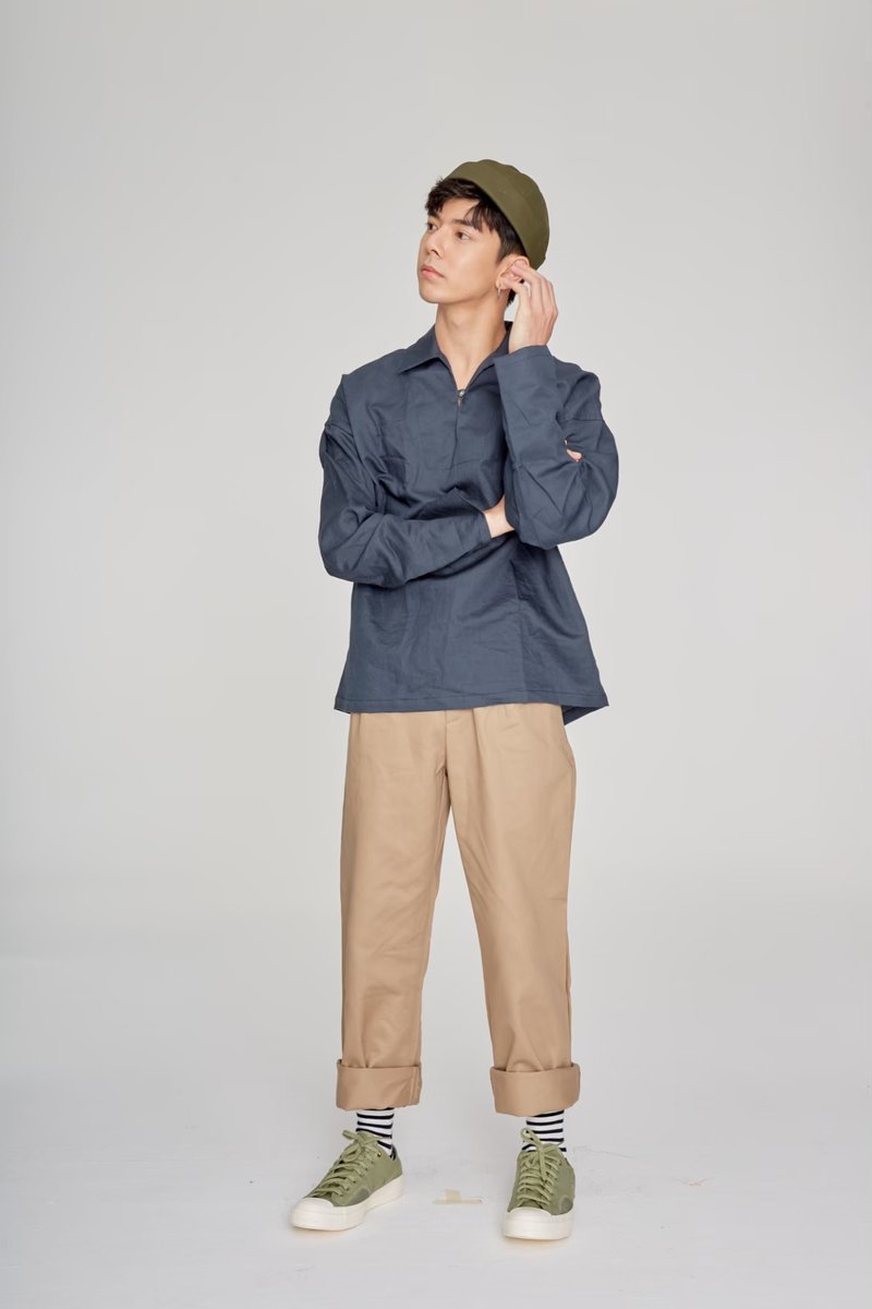 Oversized Linen Shirt - NAVY - 男襯衫/休閒襯衫 - 棉．麻 藍色