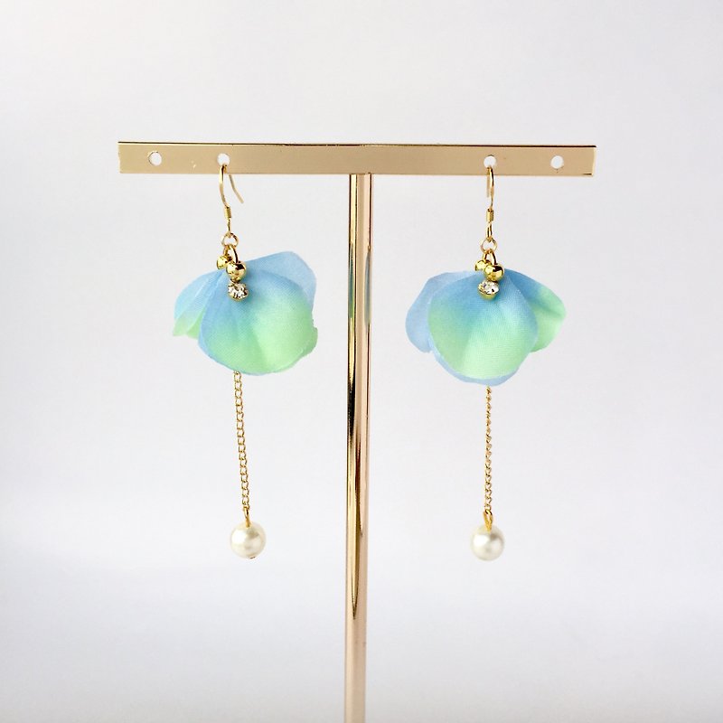 18kgf blue teal green petal flower pearl long dangle earrings birthday gift  - Earrings & Clip-ons - Plants & Flowers Blue