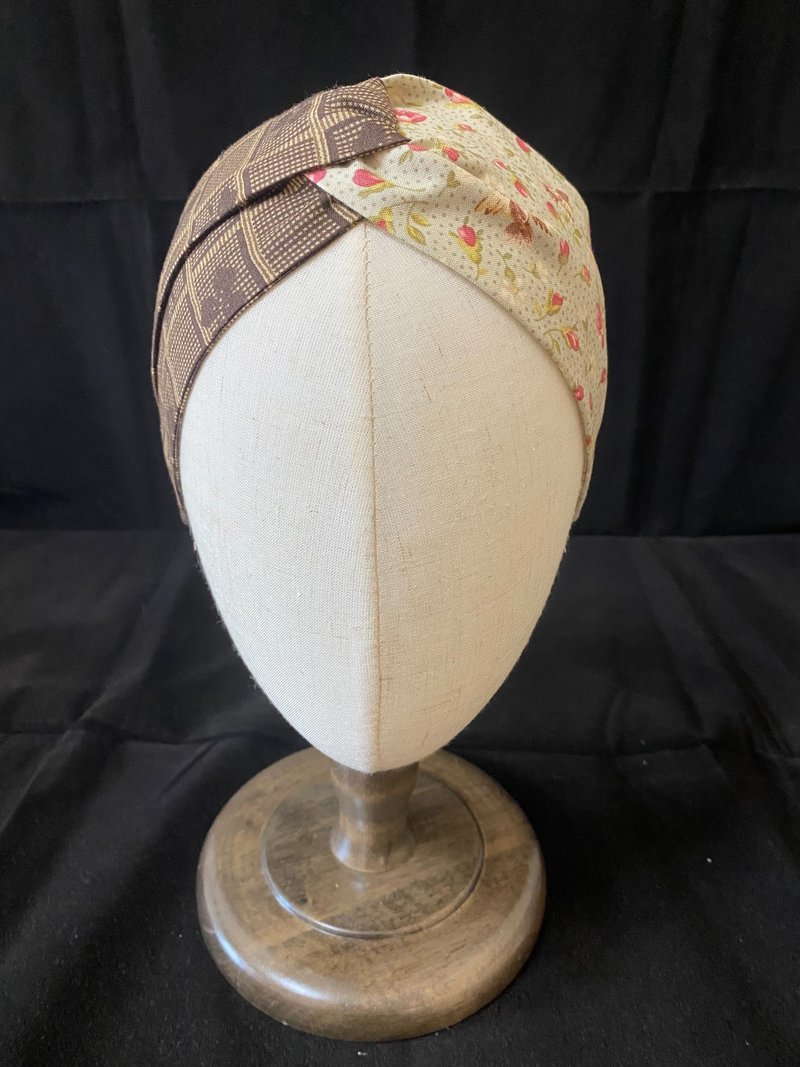 咖啡花鳥/雙色扭結髮帶/日本印花布 - 髮箍/髮帶 - 棉．麻 咖啡色