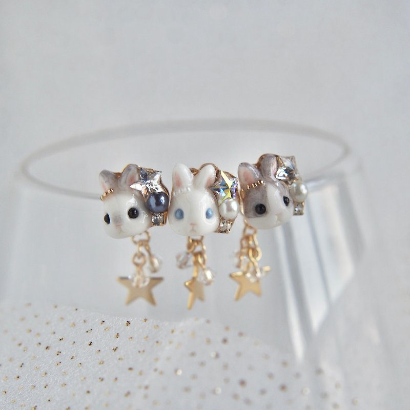 Star rabbit earrings/ Clip-On - Earrings & Clip-ons - Plastic White