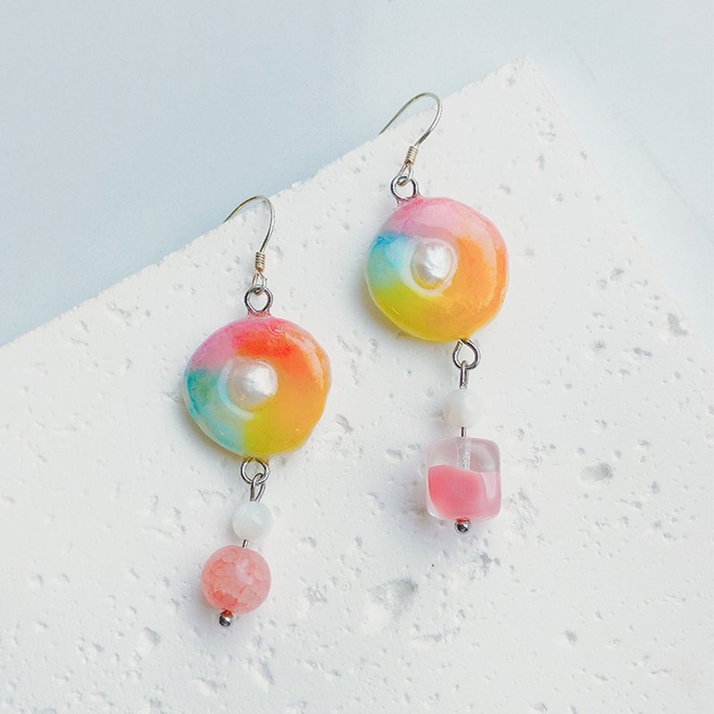 【Summer Rainbow】Clay & Beads Earrings - Earrings & Clip-ons - Clay Pink