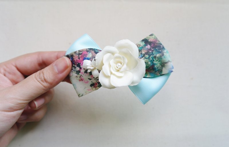 Classical Elegant Ivory Floral Ribbon Bow Hair Clip Accessories,Gift For Her - Hair Accessories - Cotton & Hemp Blue
