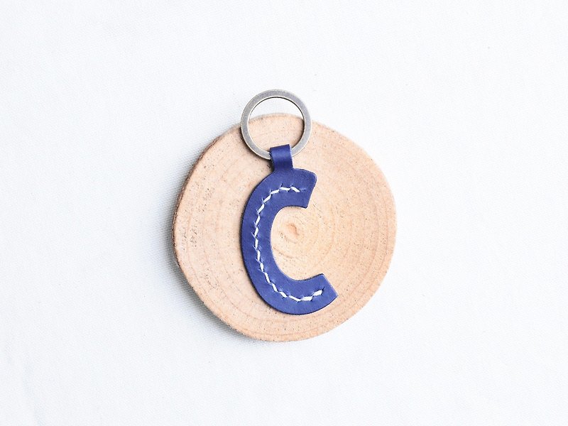 Initial A to Z Letter Keychain Well Stitched Leather Material Bag Key Ring Italian Vegetable Tanned - Leather Goods - Genuine Leather Blue