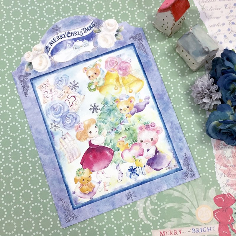 水彩聖誕卡【拆禮物聖誕夜】 - 卡片/明信片 - 紙 多色