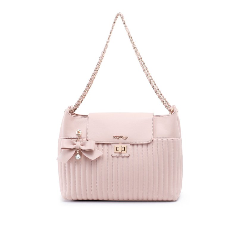 Webbing Bow Chain Side Back Pocket - Messenger Bags & Sling Bags - Faux Leather Pink