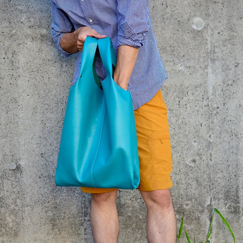 Teal shopping bag trend leather bag L size genuine leather - กระเป๋าถือ - หนังแท้ สีเขียว