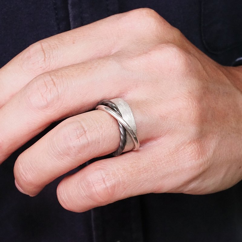 Textured three-ring ring wide version men's ring 925 sterling silver boys' ring neutral Silver - แหวนทั่วไป - เงินแท้ สีเงิน