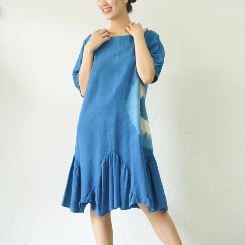 Pumpkin Target - Puff Hem Dress - One Piece Dresses - Cotton & Hemp Blue