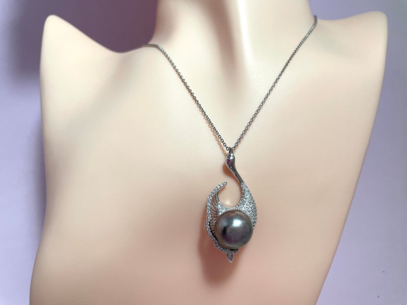 Swan Tahitian black pearl Silver pendant gift necklace - Necklaces - Pearl Black