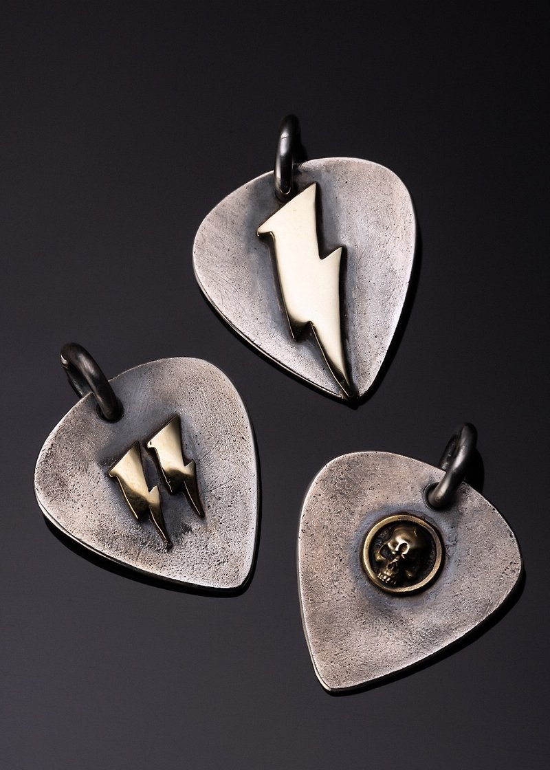 Skull Double Lightning Pick Pendant | Double Lightning Skull Pick Pendant - Necklaces - Sterling Silver Silver