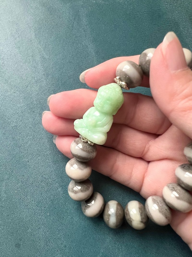 三界佛-和田玉青花一線珠翡翠果綠寶寶佛手串念珠/收藏/送禮/ - 手鍊/手環 - 玉石 灰色