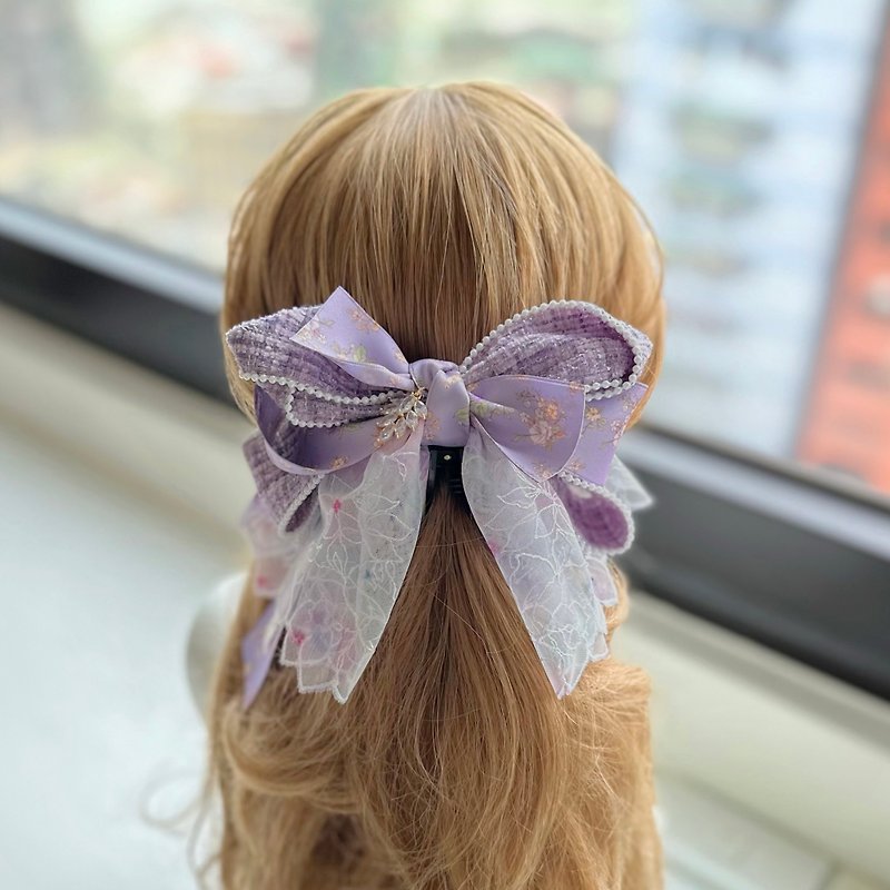 Last in stock - exclusive lace bow intersecting clip banana clip fairy clip hair clip - purple - เครื่องประดับผม - วัสดุอื่นๆ สีม่วง