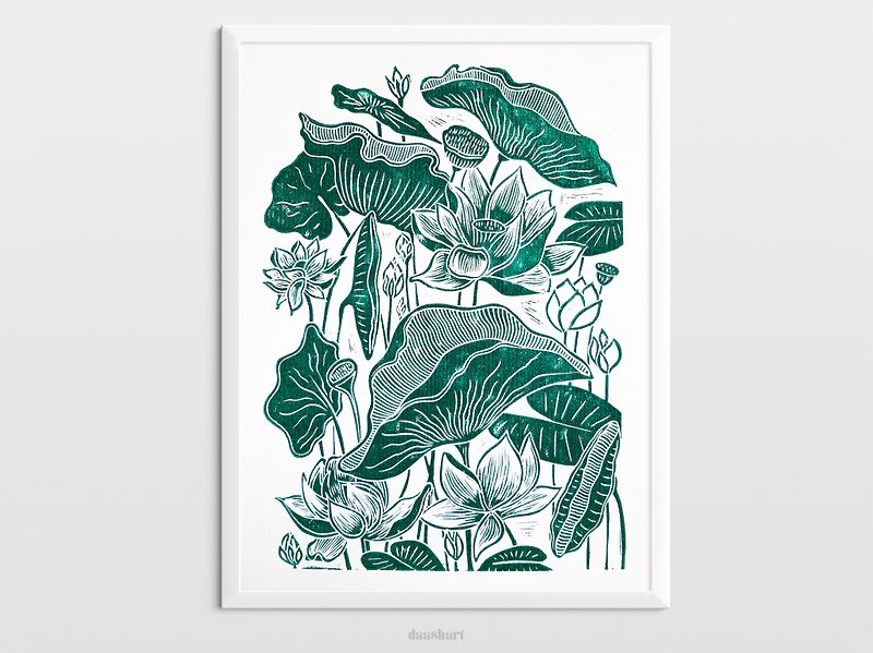 Lotus flower wall art Linocut print Green botanical illustration Modern kitchen - 掛牆畫/海報 - 紙 綠色
