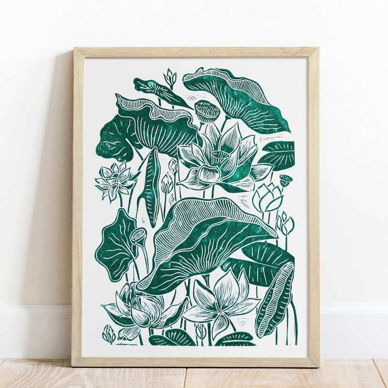 Lotus Flower Linocut Print Botanical Art Original Artwork Wall Hanging Decor - Wall Décor - Paper Green