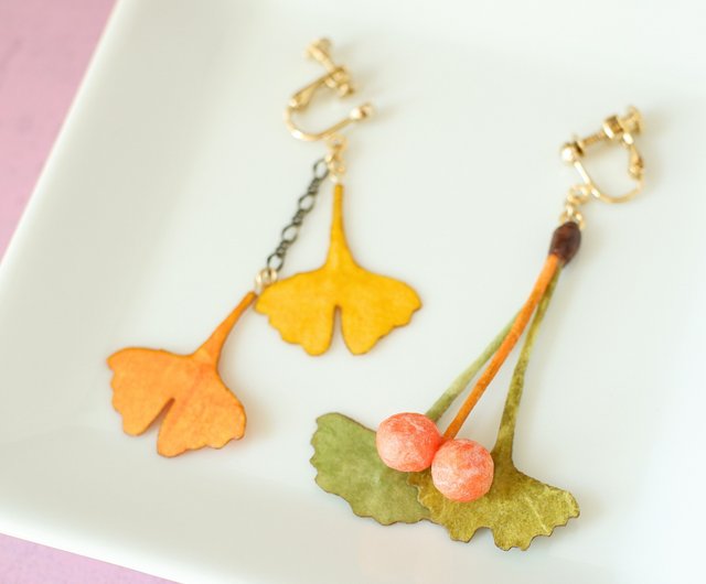 和紙の植物 イチョウ/銀杏のイヤリング・ピアス 和紙