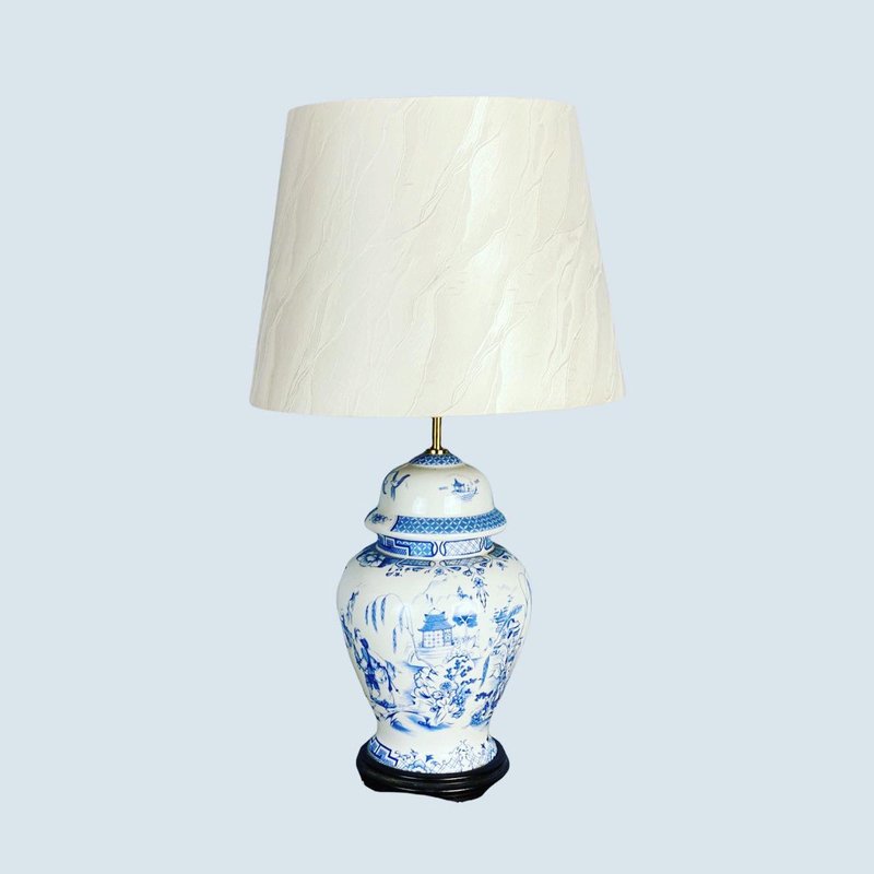 瓷檯燈中國風格由佛蘭克林造幣廠|在木製支架上 - 燈具/燈飾 - 瓷 藍色
