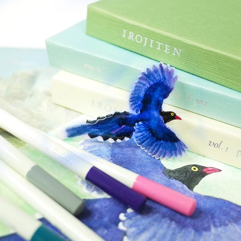 臺灣特有種 臺灣藍鵲 繪畫別針 胸針 - 心口針/胸針 - 防水材質 藍色