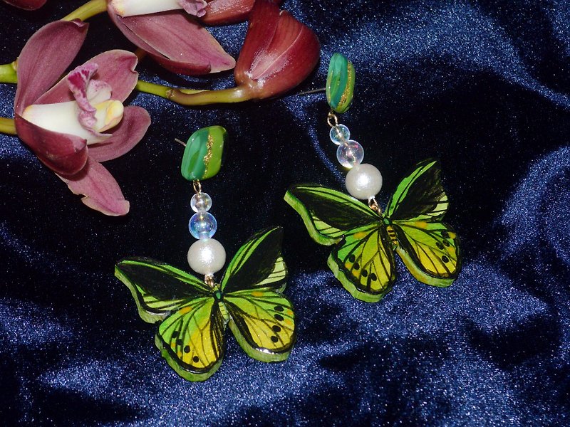 Queen Alexander Birdwing Swallowtail Green Butterfly Earrings Earrings - ต่างหู - ไม้ สีเขียว