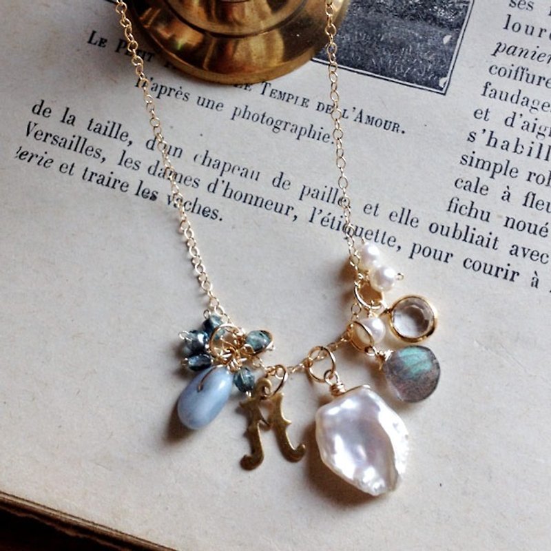 14 kgf natural stone x vintage parts 6 charm necklace - สร้อยคอ - เครื่องเพชรพลอย หลากหลายสี