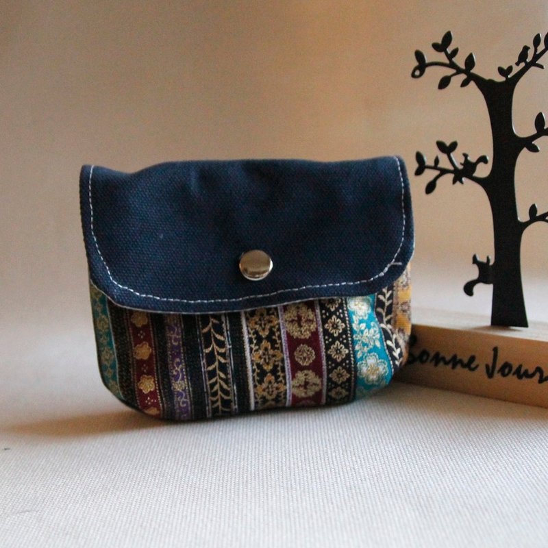 Handmade double-layer coin purse with bottom, dark blue canvas cover, straight grain and style - กระเป๋าใส่เหรียญ - ผ้าฝ้าย/ผ้าลินิน สีน้ำเงิน