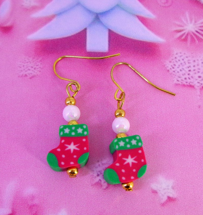 Handcrafted Christmas-Themed in Red Sock Stock shaped Dangle Earrings - ต่างหู - วัสดุอื่นๆ สีแดง