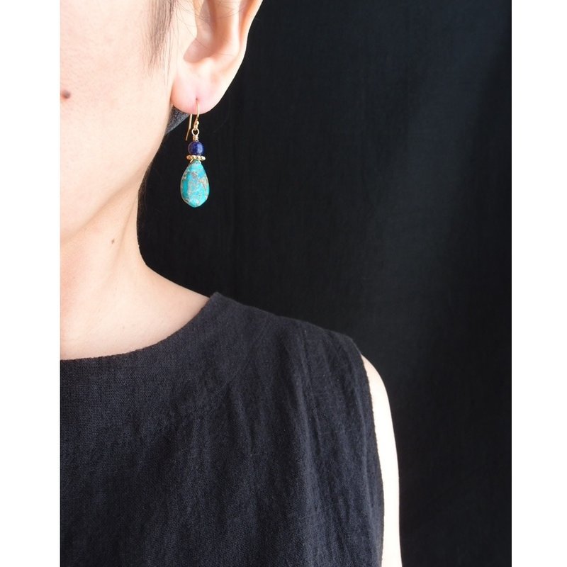 【K14gf】Copper Turquoise × Lapis Lazuli Earring ブルーコッパーターコイズ ピアス - 耳環/耳夾/耳骨夾 - 寶石 藍色