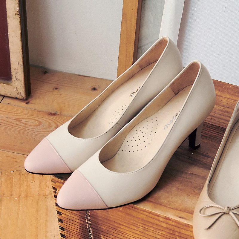 Peach sweetheart color matching leather pointed high heels- - รองเท้าส้นสูง - หนังแท้ 