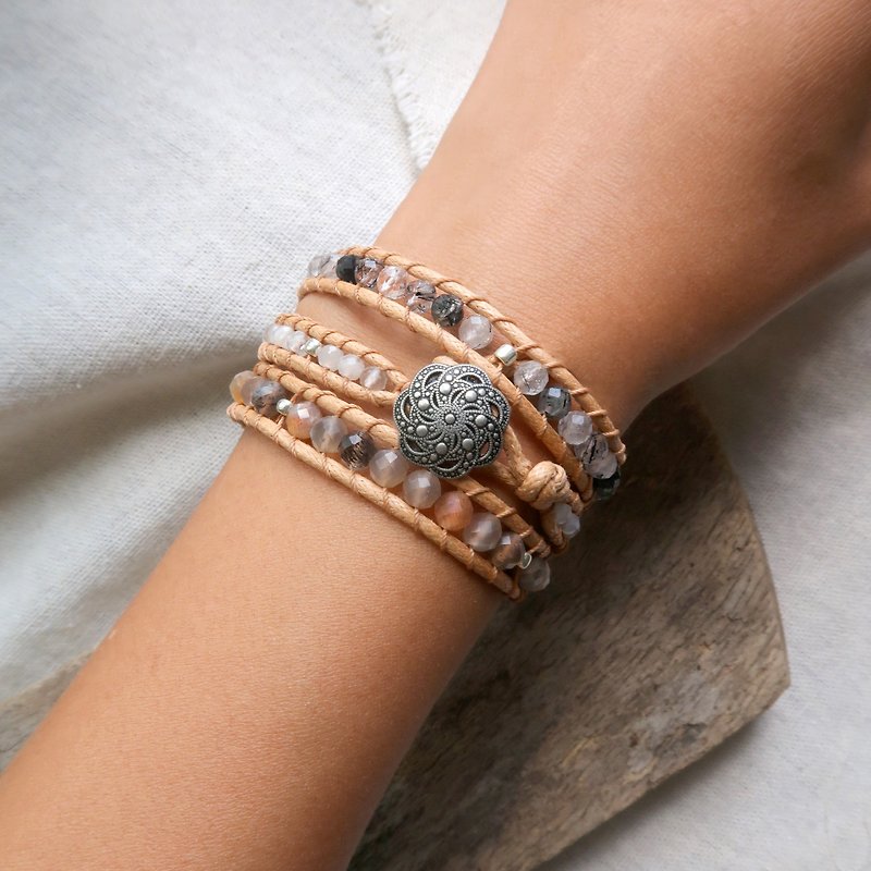 Natural stone woven bracelet. Orange moon dawn. Orange Moonstone, Hair Crystal - Bracelets - Gemstone Orange