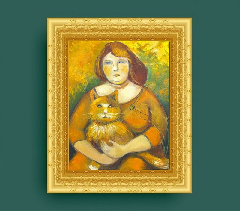 Oil painting  on canvas original Woman with cat home warming wall decoration - 壁貼/牆壁裝飾 - 其他材質 多色