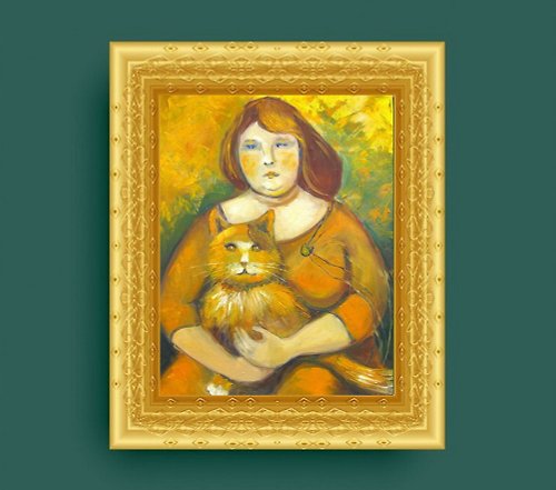 DCS-Art Oil painting on canvas original Woman with cat home warming wall decoration