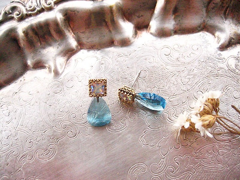 Jolie baby colorful square zircon lake water blue quartz earrings - ต่างหู - ทองแดงทองเหลือง หลากหลายสี