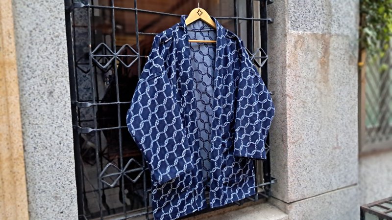 AMIN'S SHINY WORLD 麻繩丹寧滿版提花KIMONO  Reversible ONLY系 - 男夾克/外套 - 棉．麻 藍色