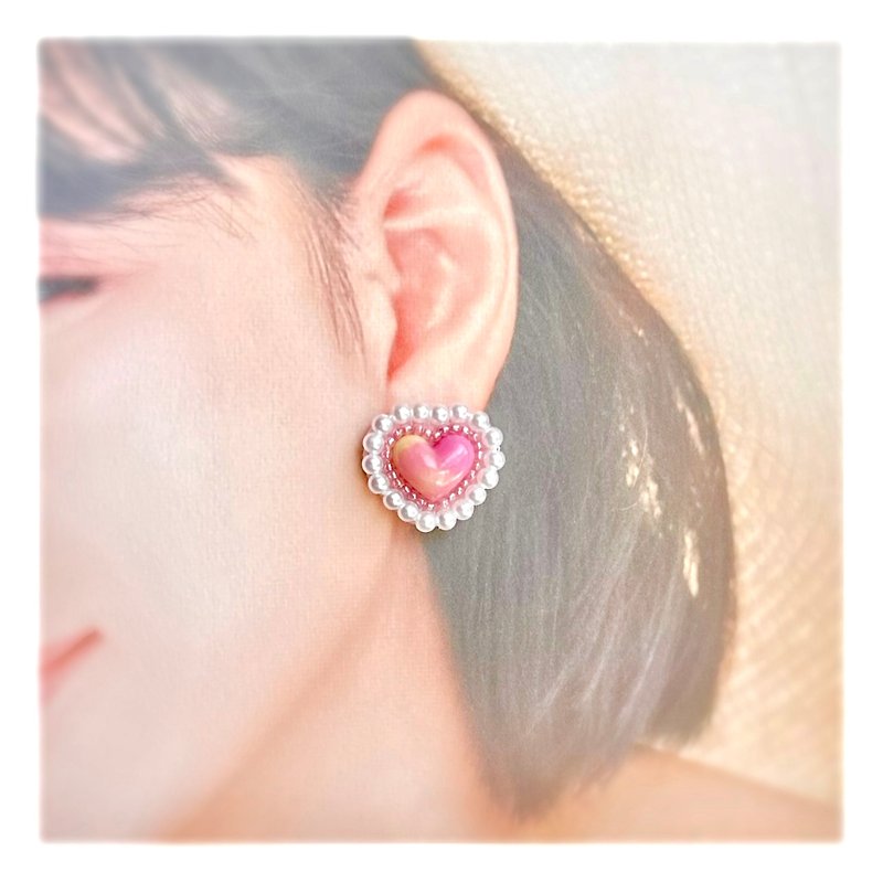其他材質 耳環/耳夾 粉紅色 - 耳環公主大理石心