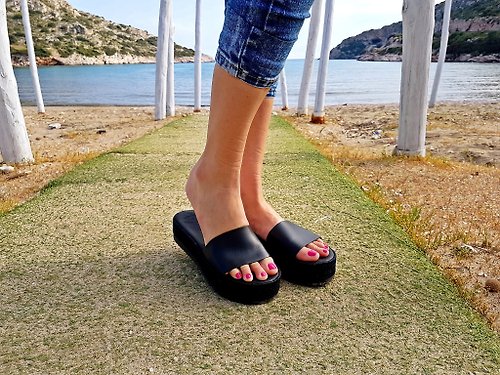 LeatherStrata Greek Sandals Genuine Leather Black Sandals with Platform Handmade in Greece