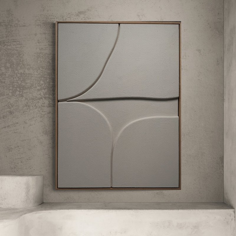 3D textured wall art, Minimalist Abstract, Oak Framed - Wall Décor - Cement Khaki