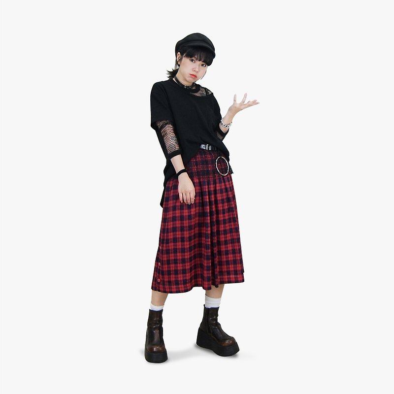 A‧PRANK: DOLLY :: retro VINTAGE classic red Scottish pattern pattern waist fold round skirt A word skirt - กระโปรง - ผ้าฝ้าย/ผ้าลินิน 
