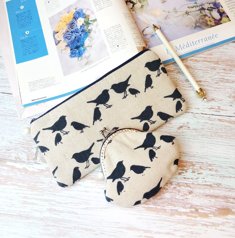 口金包 拉鍊包 零錢包 化妝袋 筆袋 收納包兩件套 (PS-010) - 化妝包/收納袋 - 棉．麻 藍色