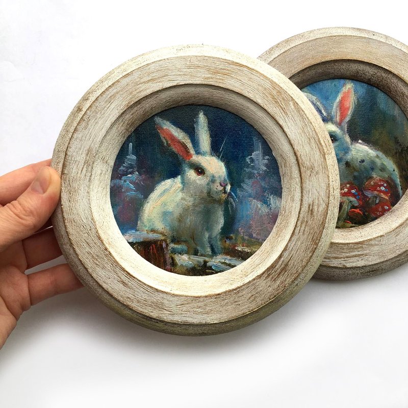 SET Framed Miniature Oil Painting gift Bunny Original Small Frame Artwork art - 擺飾/家飾品 - 其他材質 白色