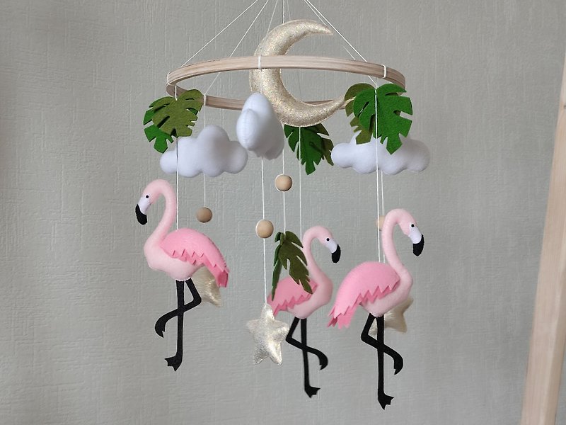 Baby mobile girl flamingo Tropical nursery decor, hanging crib mobile felt - 嬰幼兒玩具/毛公仔 - 環保材質 粉紅色