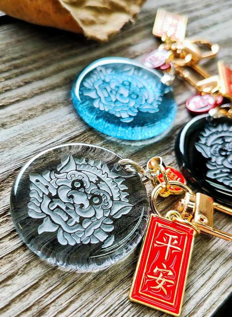 窯燒玻璃雕刻台南劍獅平安祈福鑰匙圈 送禮 收藏 紀念品 - 鑰匙圈/鑰匙包 - 玻璃 