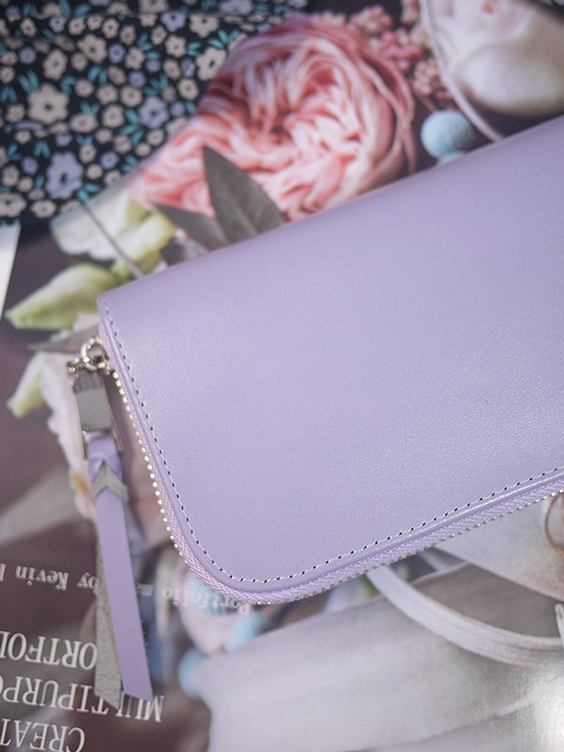 【Mother's Day】Morandi purple. Genuine leather long clip/wallet/wallet/coin purse - กระเป๋าสตางค์ - หนังแท้ สีม่วง