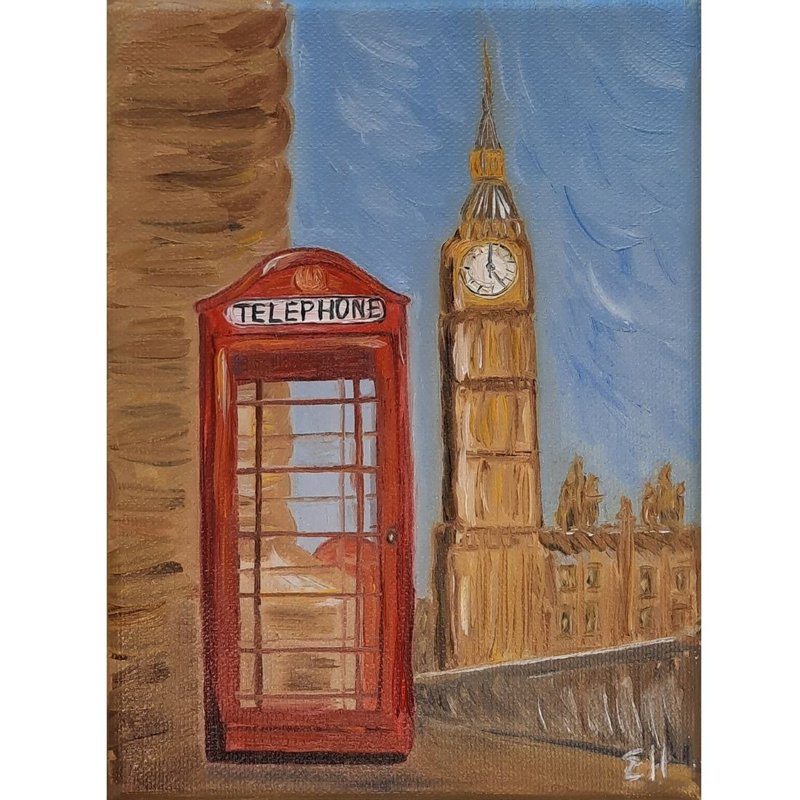 London oil painting Telephone booths for wall Big ben painting - 海報/掛畫/掛布 - 棉．麻 卡其色