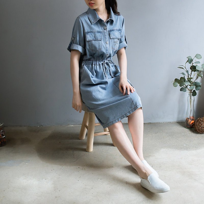 Pocket embroidery design denim dress denim blue ML - One Piece Dresses - Cotton & Hemp Blue