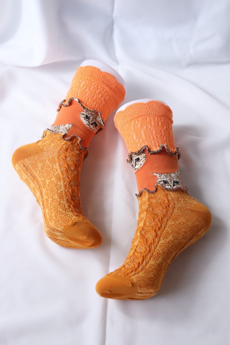 Orange Cat Colorful Mellow Socks Flashy Socks Unique 22.5-25 Women's Socks - ถุงเท้า - วัสดุอื่นๆ สีส้ม