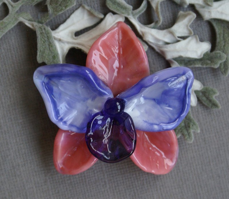 Artisan lampwork orchid bead, handmade focal glass pink with purple flower bead - งานเซรามิก/แก้ว - แก้ว สีม่วง