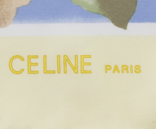 美品☆CELINE シルクスカーフ 青 黄色 CELINE シルクスカーフ 青 黄色