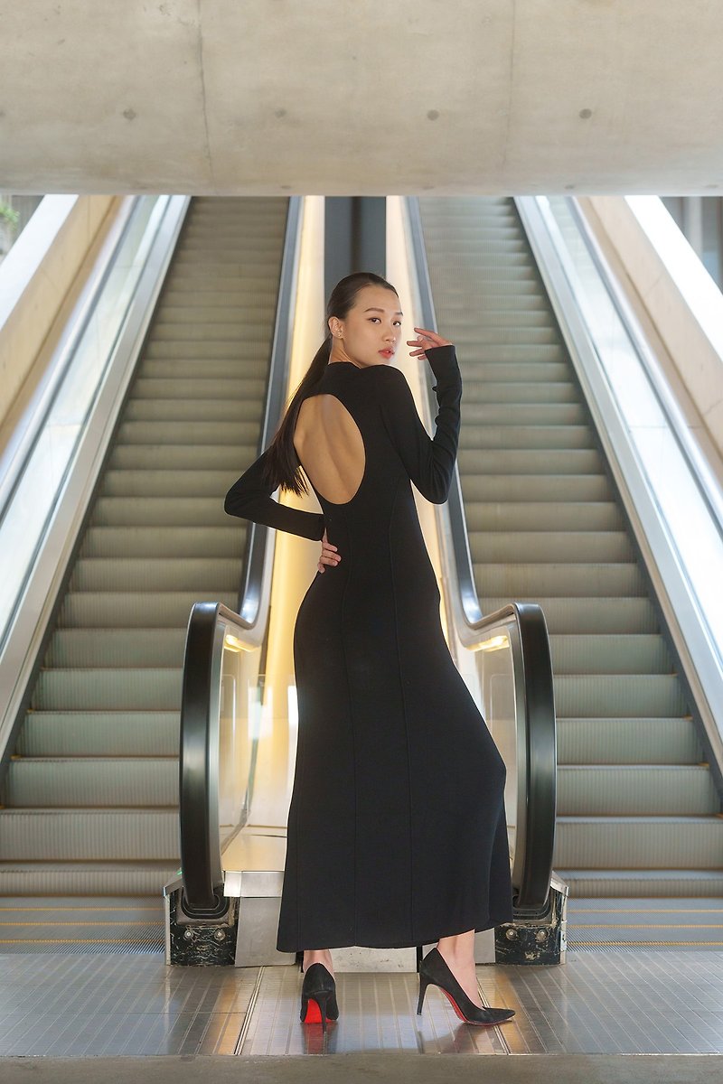 中国の長袖ニット フィッシュテール チャイナ ドレス (黒) | 香港デザイン | - チャイナドレス - ナイロン 
