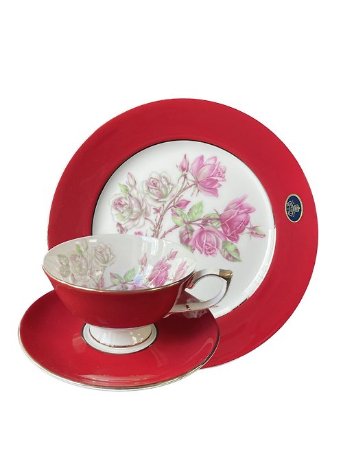 Belleek Taiwan 台灣總代理 英國Aynsley 紅玫瑰系列 組合優惠價 骨瓷雅典色釉杯盤組+餐盤